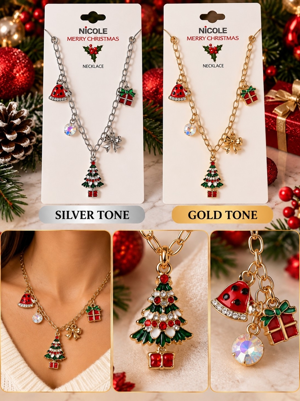 Nicole Christmas Charm Necklace – Gold or Silver Tone